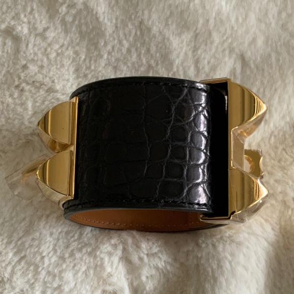 Authentic Hermes CDC Collier de Chien Matte Alligator Bracelets GOLD NOIR GHW - Picture 6 of 10